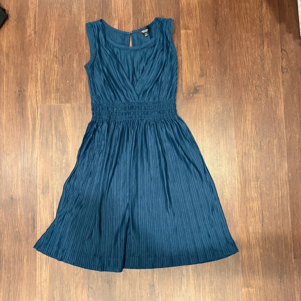 Teal Blue Pleated Midi Dress Faux Wrap Smocked Waist Cocktail Wedding Guest XS